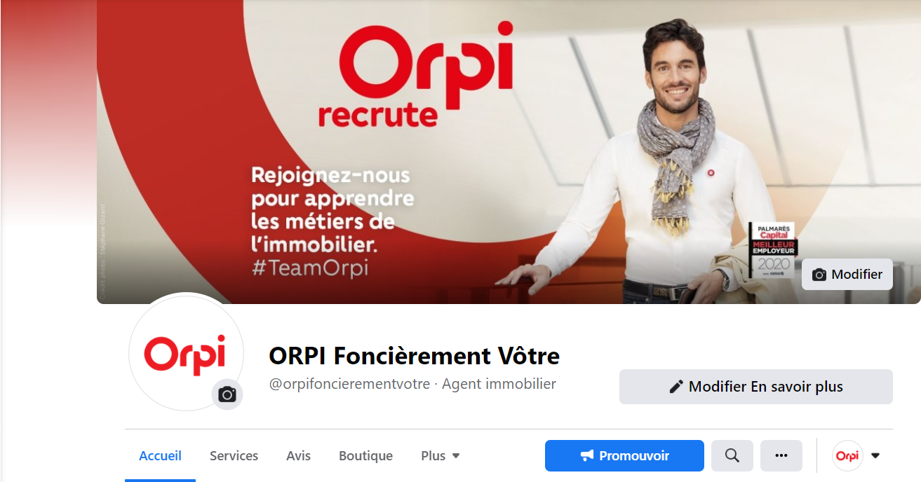 profil de la page facebook de l'agence immobilière orpi foncièrement votre