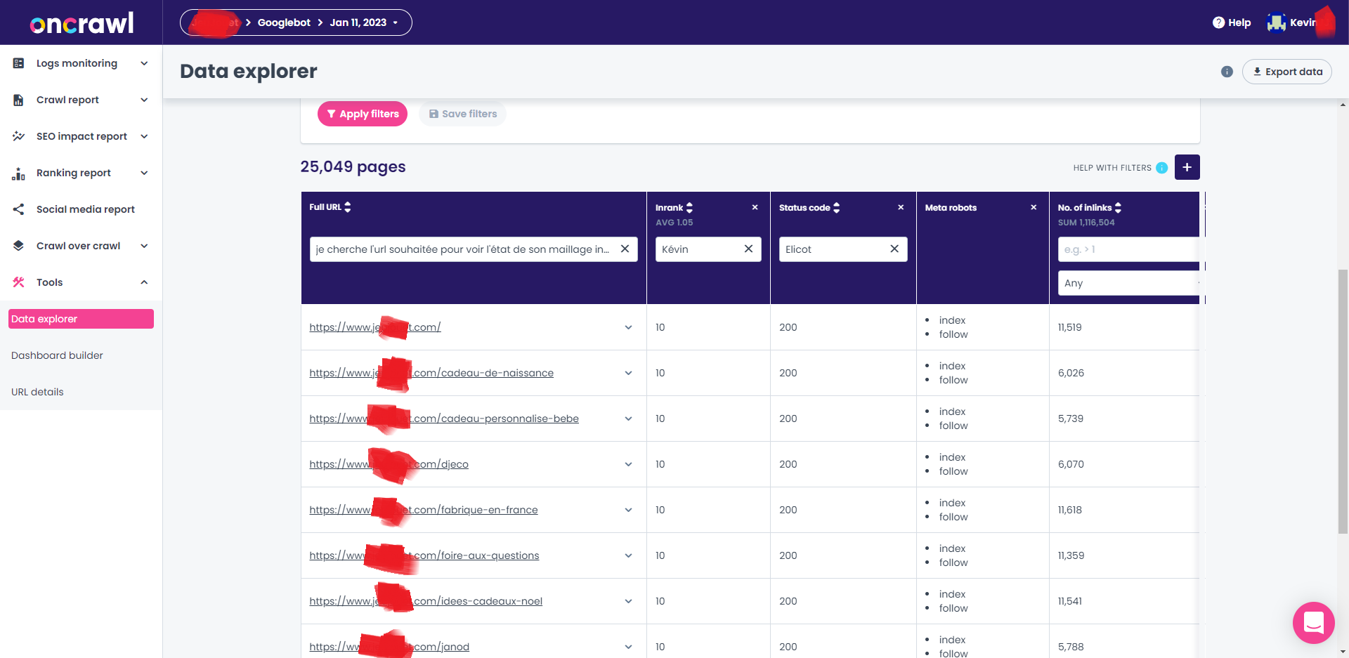 utilisation de l'outil oncrawl pour voir l'état de mon maillage interne
