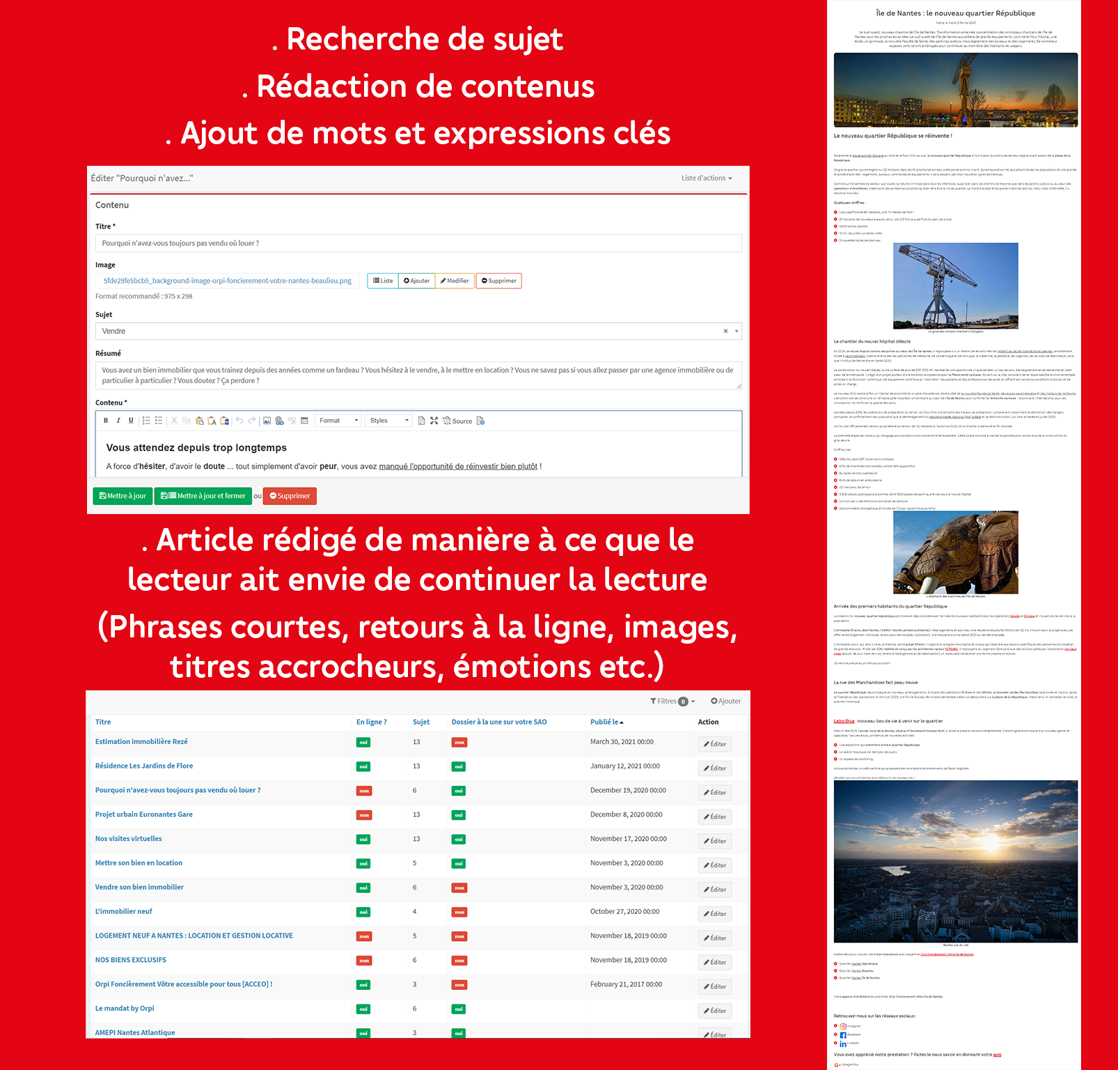 étapes démontrant comment rédiger du contenu sur les sites d'agences orpi foncièrement votre